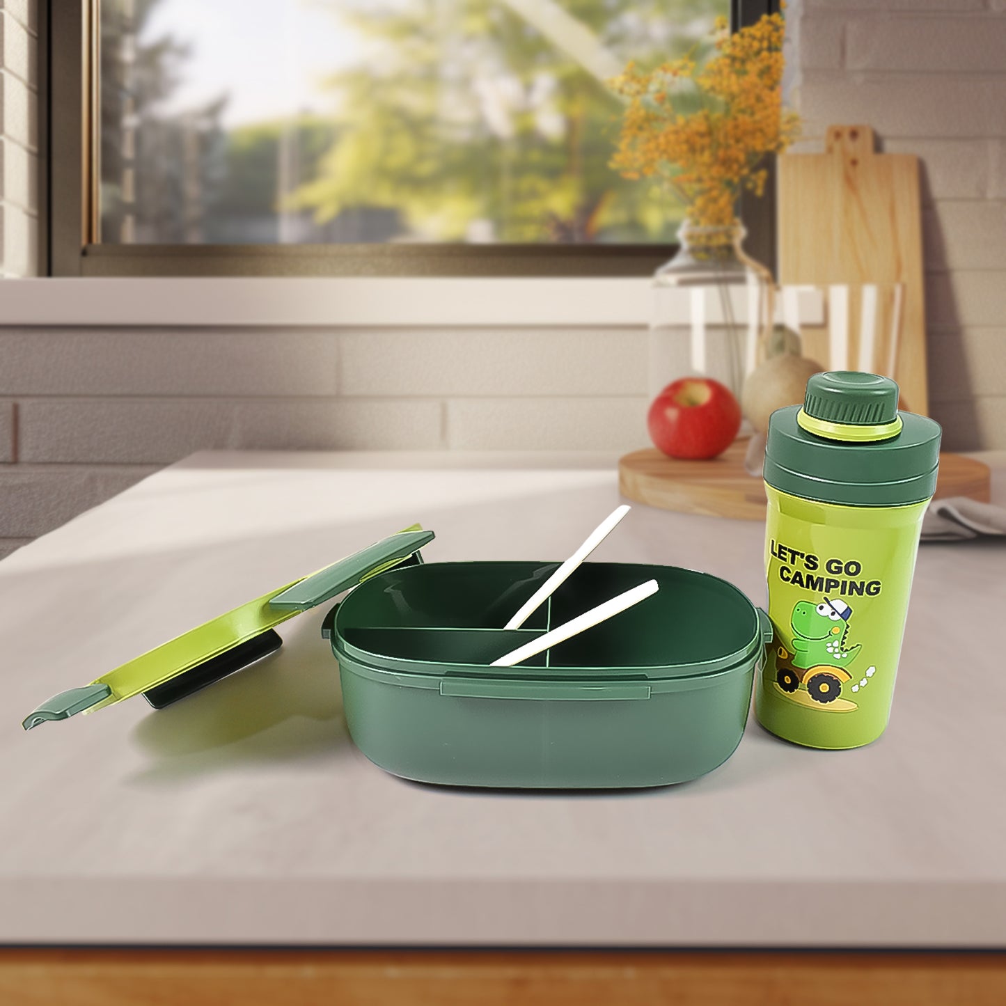 Plastic Lunch Box Leak Proof 3 Compartment With Bottle Spoon And Fork (1 Set) Kitchenware