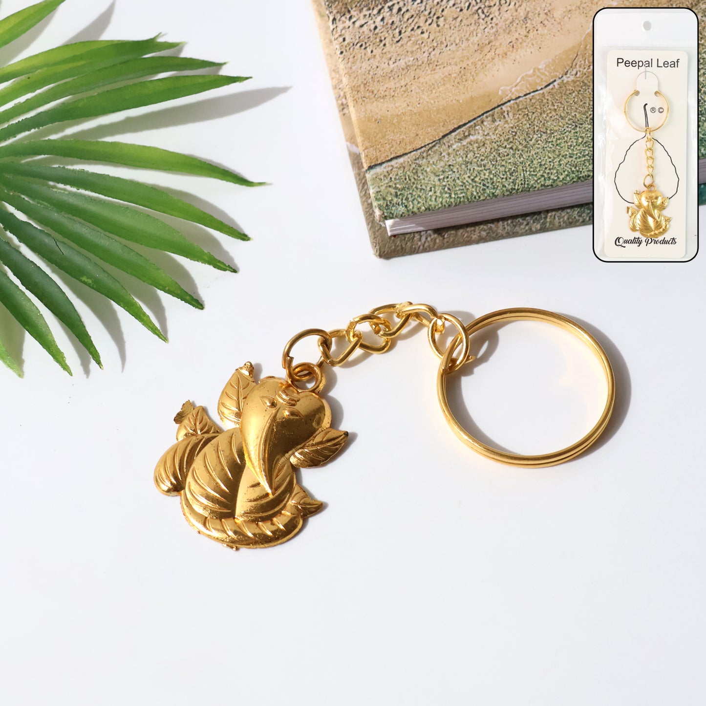 Golden Ganesh Leaf Design Keychain (1 Pc) keychains