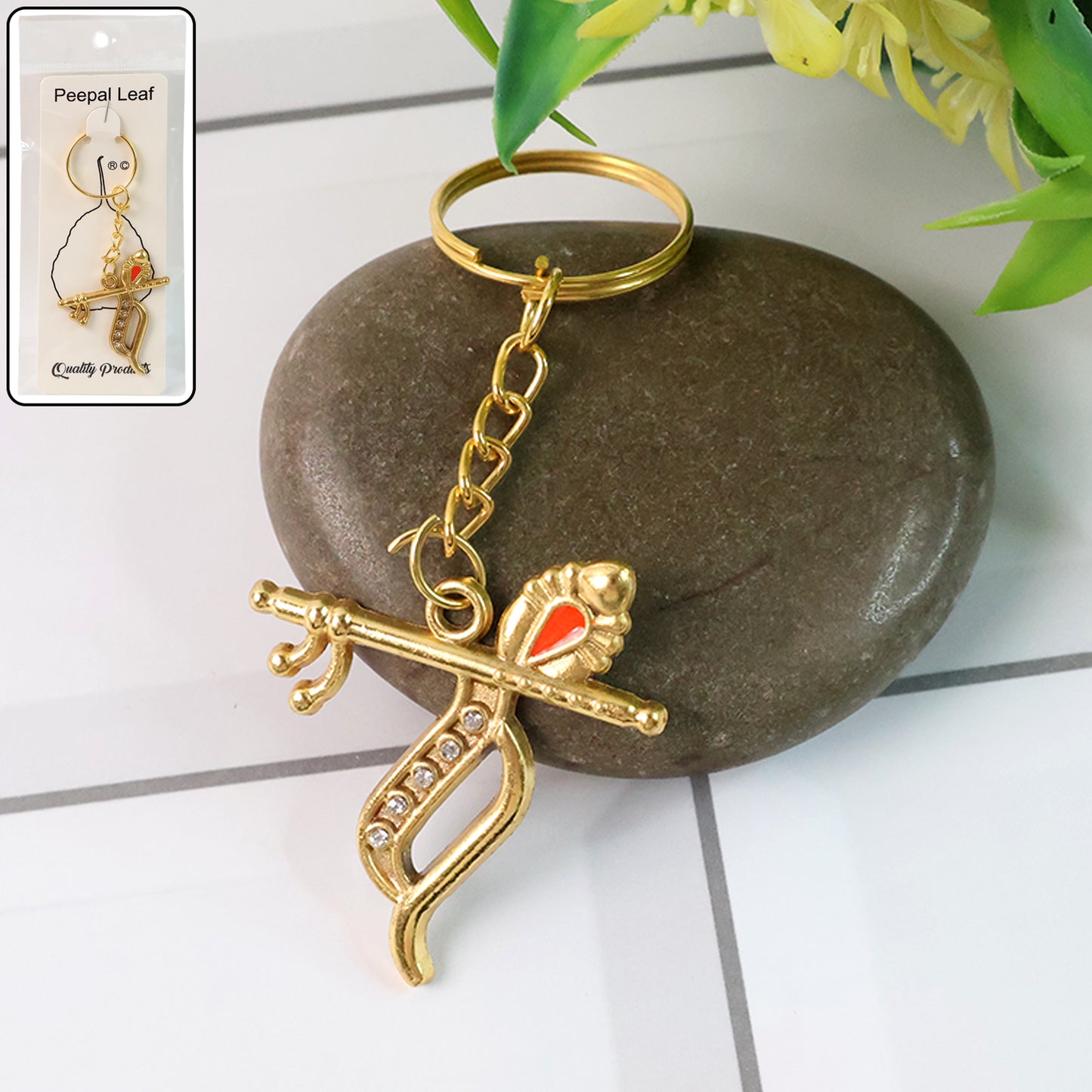 Flute And Peacock Feather Krishna Design Keychain (1 Pc) Keychains
