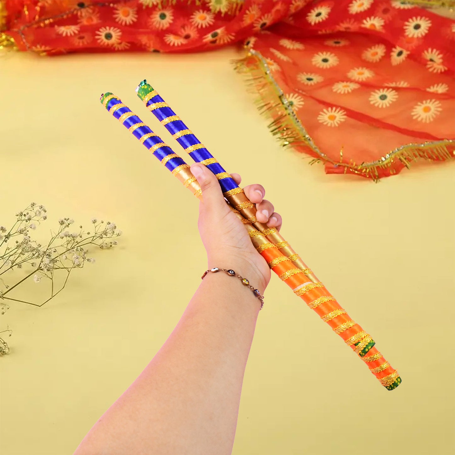 Traditional Decorative Dandiya Sticks Pair For Navratri Garba (2 Pc) Home & Living