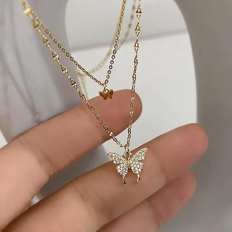 Double Layer Clavicle Chain Necklace Jewelry Zircon Butterfly Pendant Necklace (Gold) Jewelry