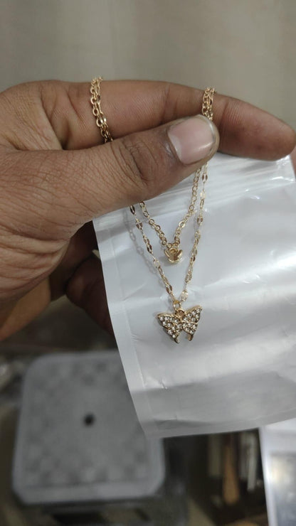 Double Layer Clavicle Chain Necklace Jewelry Zircon Butterfly Pendant Necklace (Gold) Jewelry