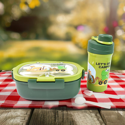 Plastic Lunch Box Leak Proof 3 Compartment With Bottle Spoon And Fork (1 Set) Kitchenware