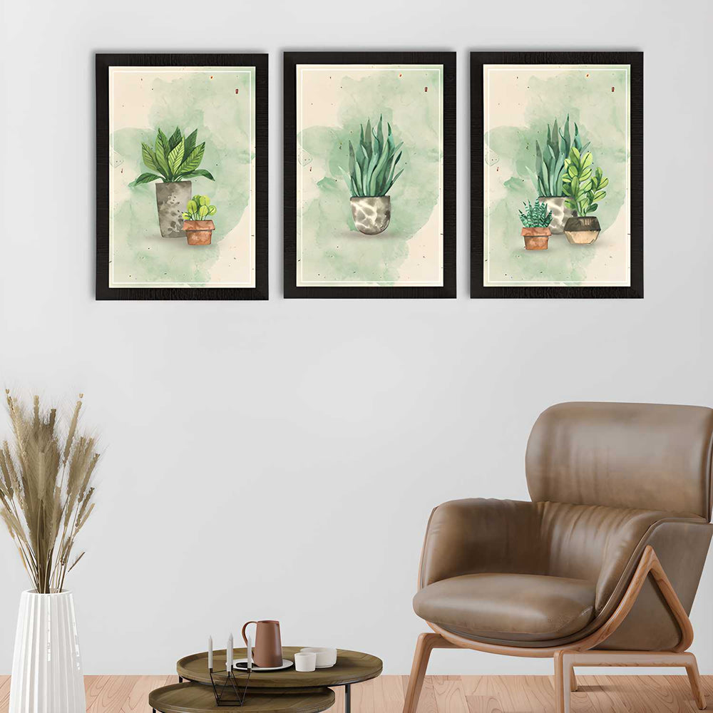 eCraftIndia Watercolour Flower Pot Set of 3 Satin Matt Texture UV Art Painting Home Decor