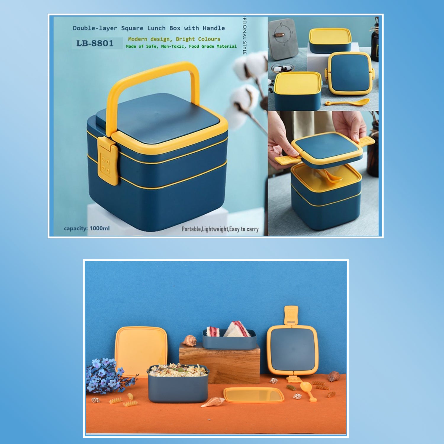 Blue Double-layer Portable Lunch Box Stackable With Carrying Handle And Spoon Lunch Box Lunch Box