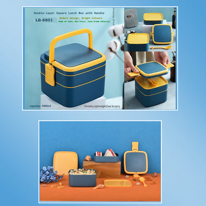 Blue Double-layer Portable Lunch Box Stackable With Carrying Handle And Spoon Lunch Box Lunch Box