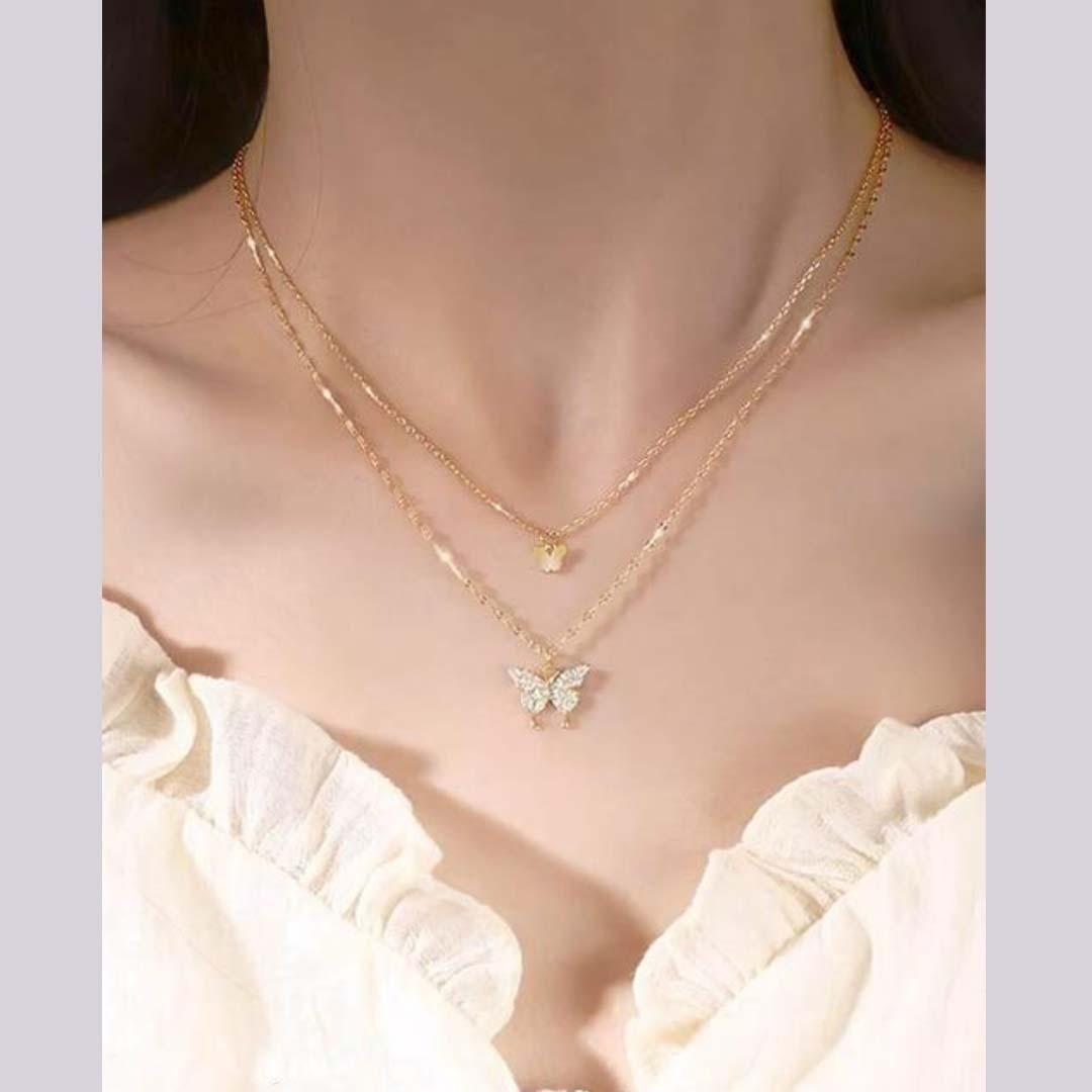 Double Layer Clavicle Chain Necklace Jewelry Zircon Butterfly Pendant Necklace (Gold) Jewelry