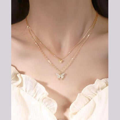 Double Layer Clavicle Chain Necklace Jewelry Zircon Butterfly Pendant Necklace (Gold) Jewelry