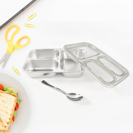 3 Compartment Transparent Stainless Steel Lunch Box For Kids Kitchen & Dining > Kitchen Storage & Organization > Lunch Boxes