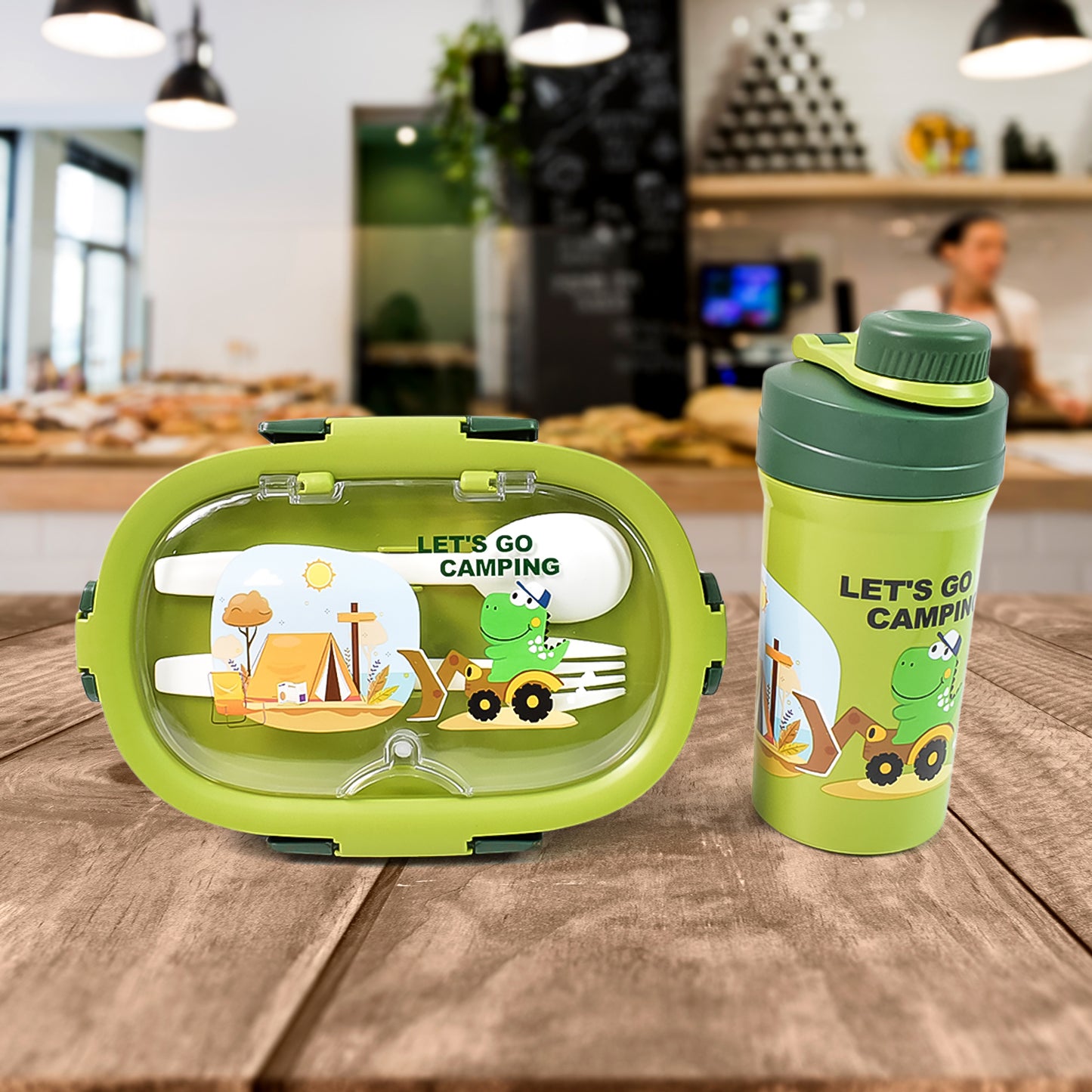 Plastic Lunch Box Leak Proof 3 Compartment With Bottle Spoon And Fork (1 Set) Kitchenware