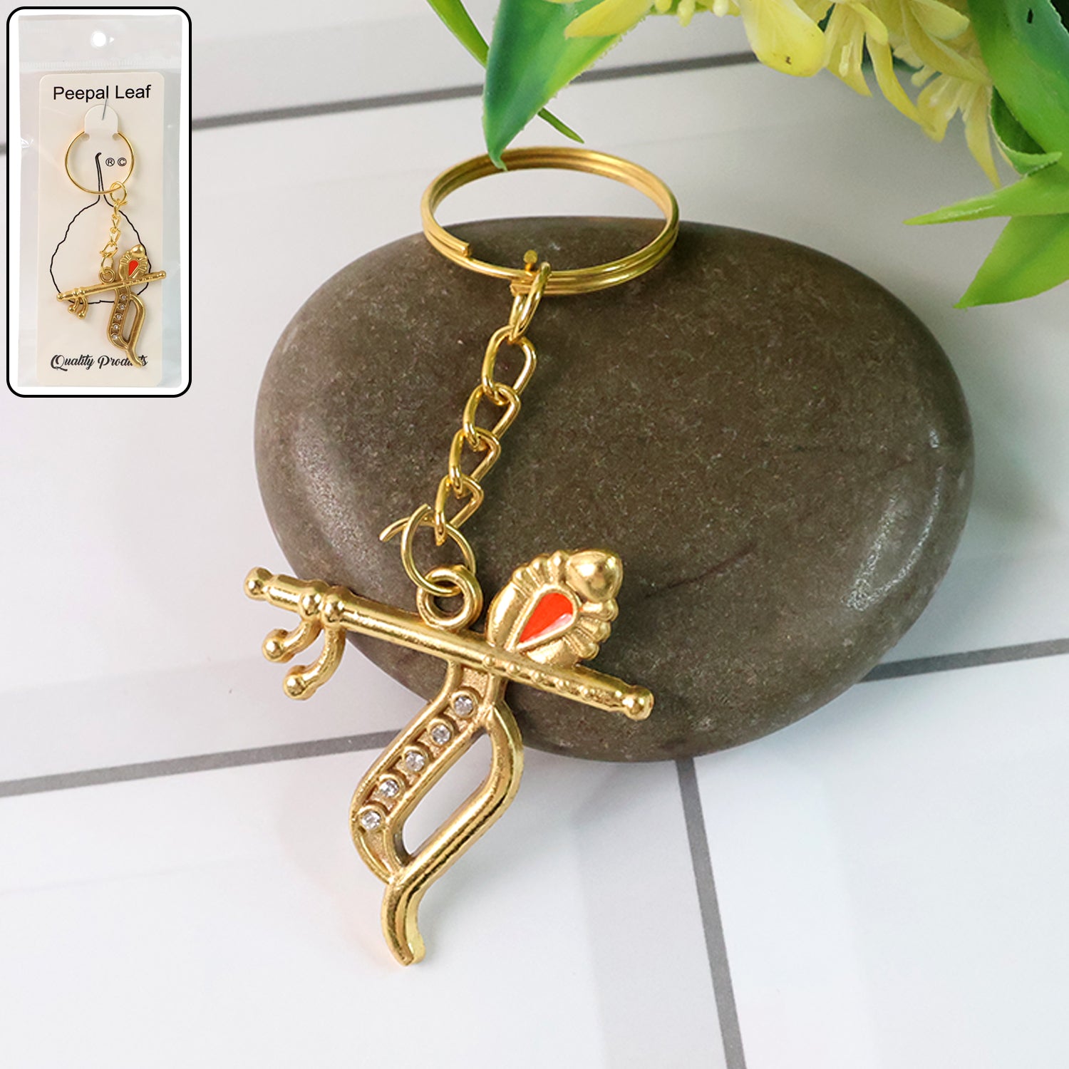 Flute And Peacock Feather Krishna Design Keychain (1 Pc) Keychains