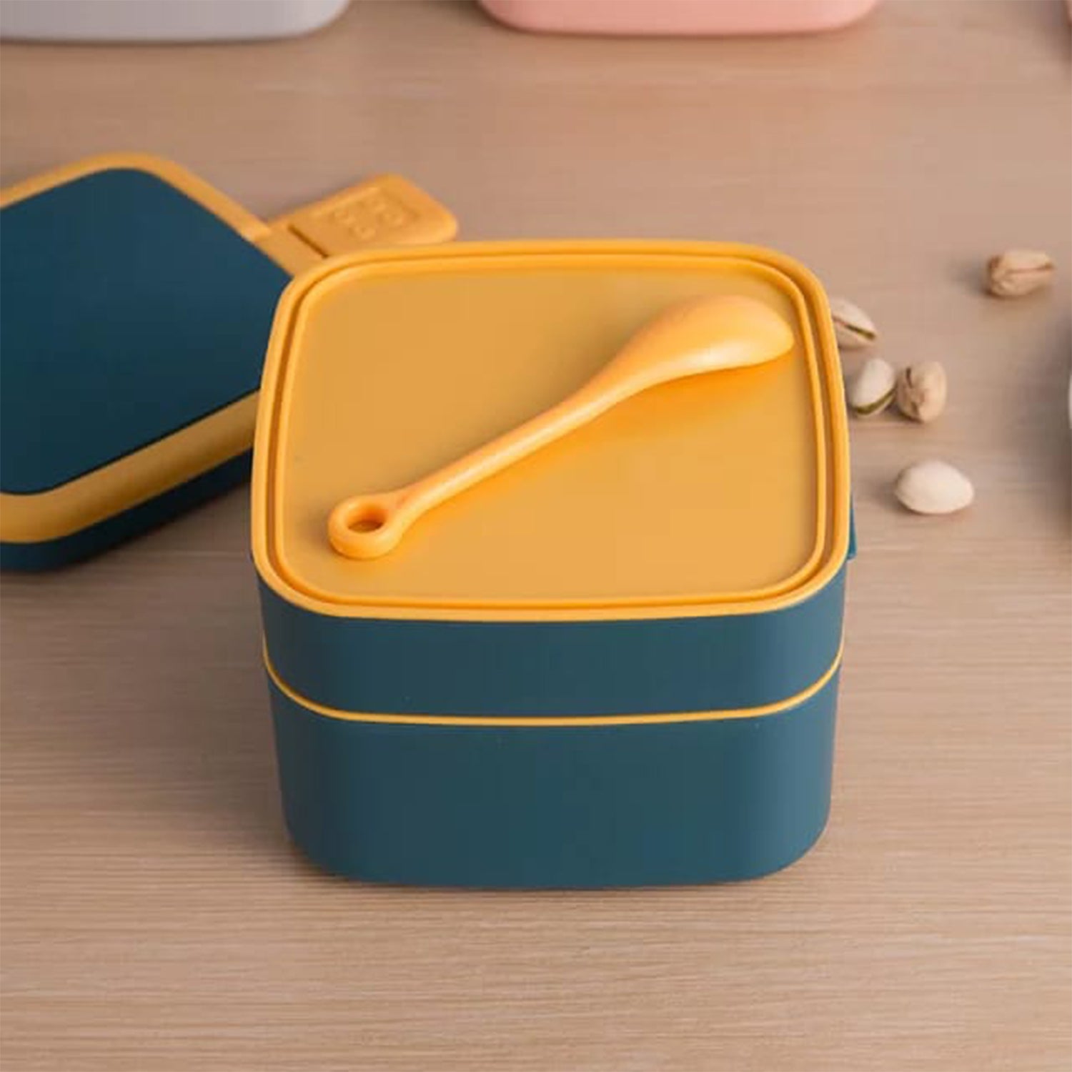 Blue Double-layer Portable Lunch Box Stackable With Carrying Handle And Spoon Lunch Box Lunch Box
