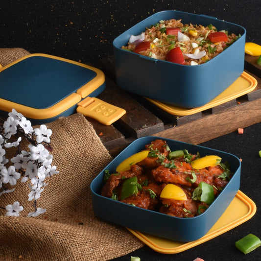 Blue Double-layer Portable Lunch Box Stackable With Carrying Handle And Spoon Lunch Box Lunch Box