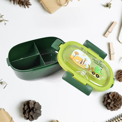 Plastic Lunch Box Leak Proof 3 Compartment With Bottle Spoon And Fork (1 Set) Kitchenware