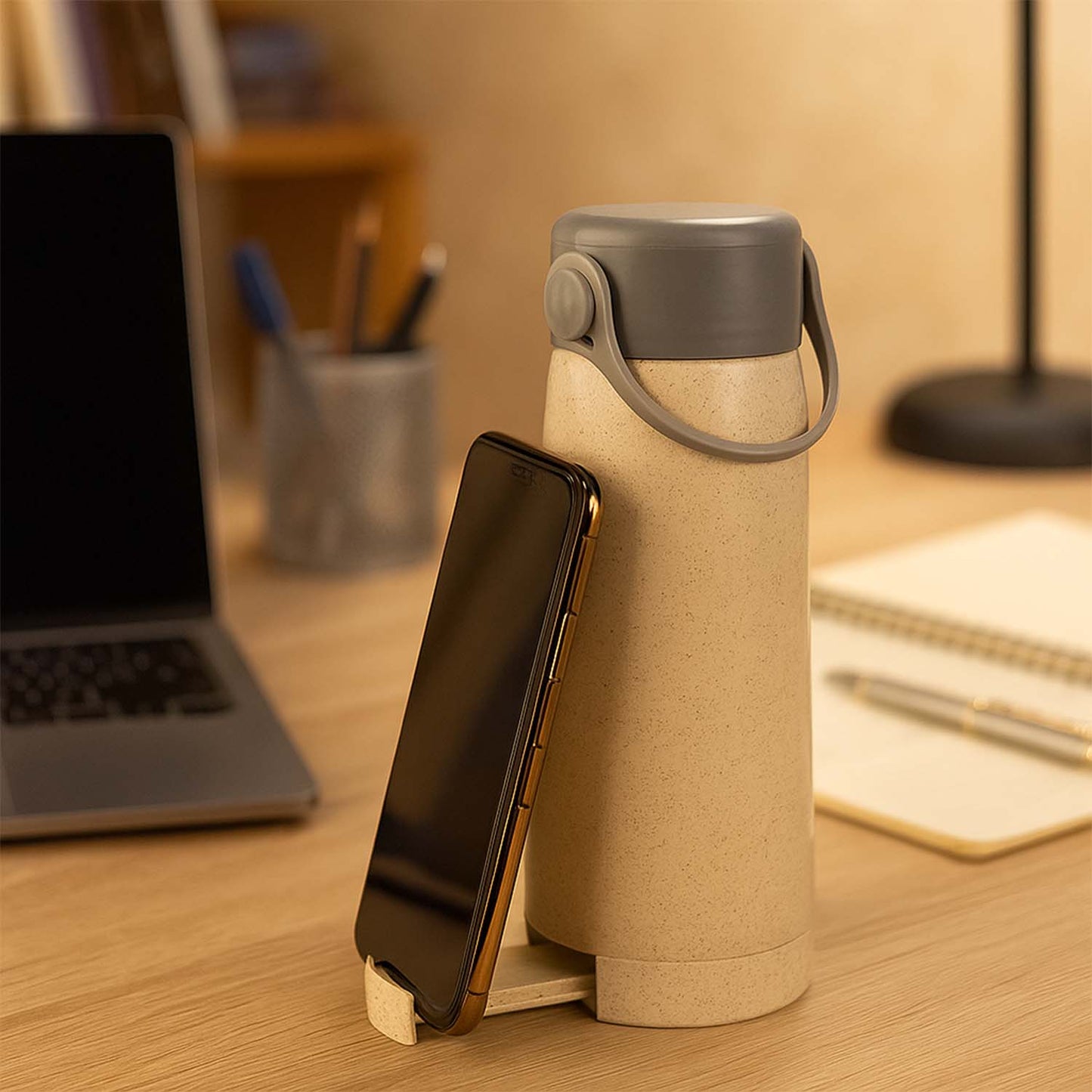 High Portable Water Bottle Creative Wheat Fragrance Glass Bottle Water With Mobile Phone Holder Wide Mouth Glass Water 380ml (Moq - 80 Pc) Water Bottles