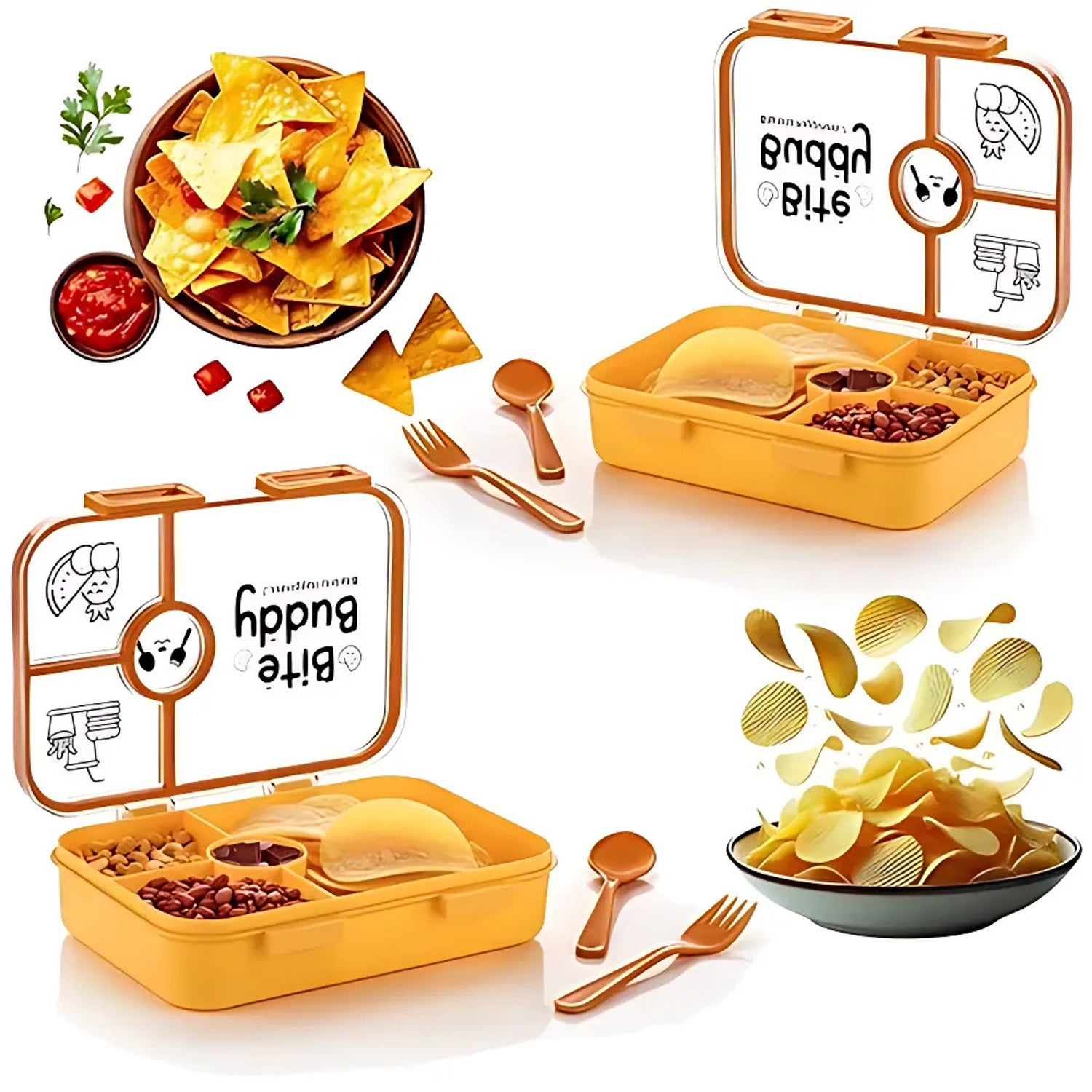 Bite Buddy 4-compartment Leak-resistant Plastic Lunch Box With Spoon Fork Kitchen and Dining