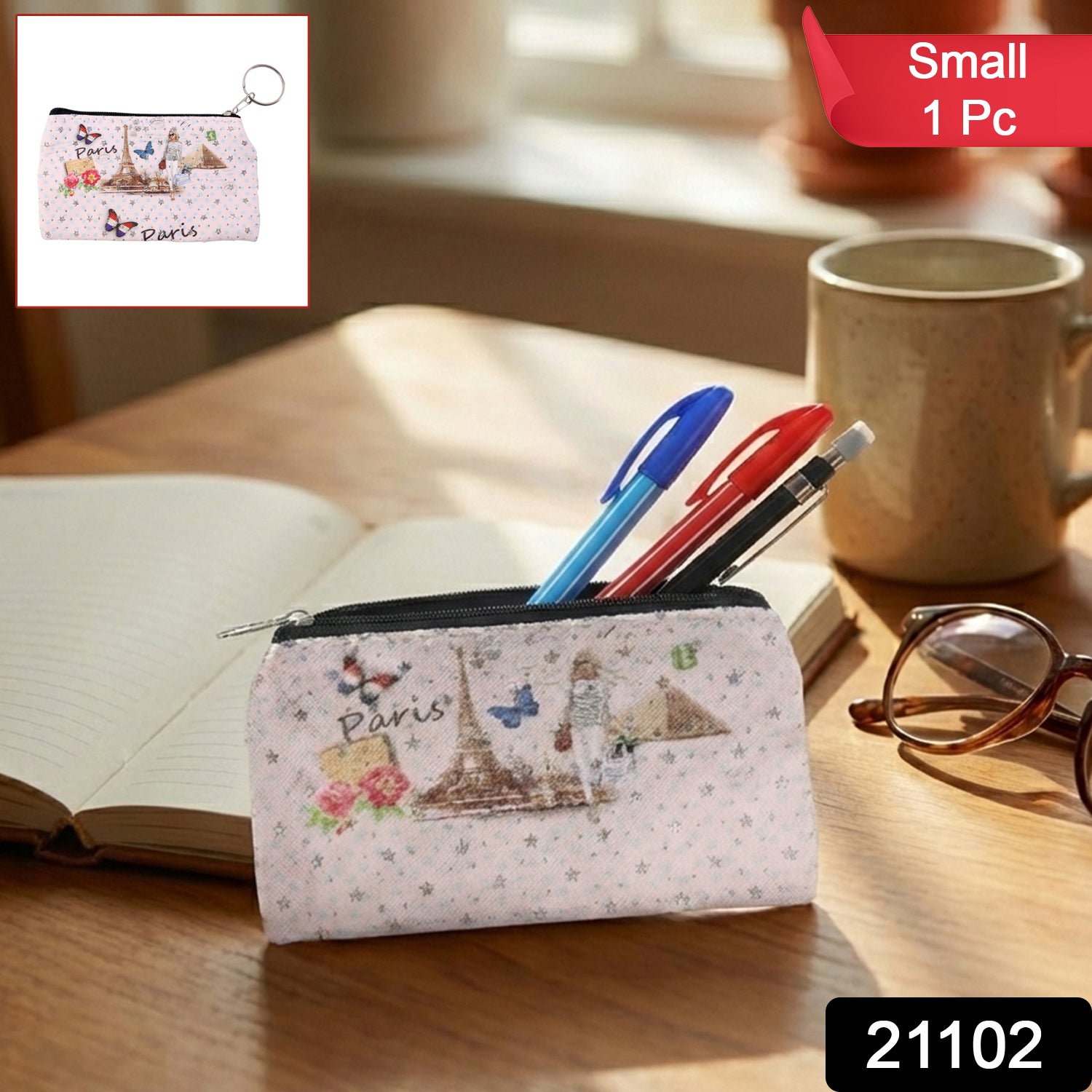 Small Paris Print Zipper Coin Stationery Pouch (1 Pc)