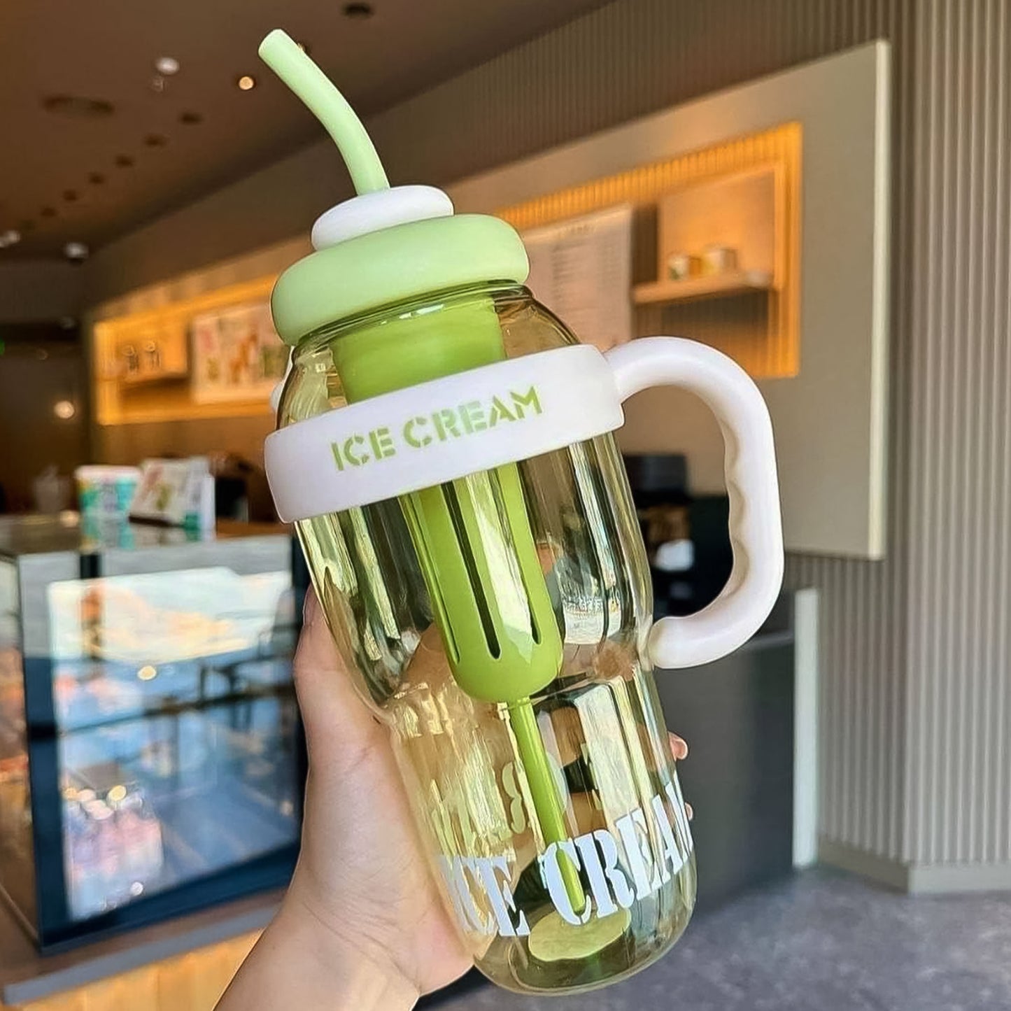 Cute Ice Cream Themed Water Bottle With Handle Straw Fruit Infuser - 1300ml Large Water Bottles