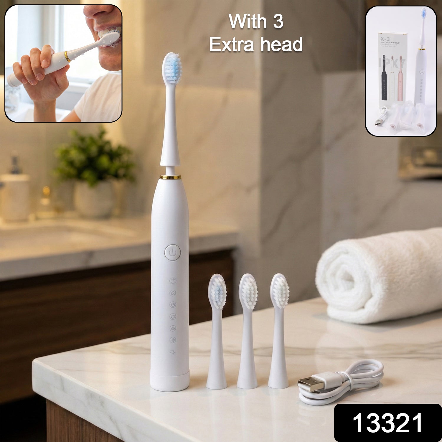 Rechargeable Electric Toothbrush White Color With 3 Extra Head (1 Pc ) Oral Care