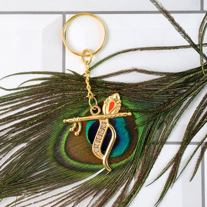 Flute And Peacock Feather Krishna Design Keychain (1 Pc) Keychains