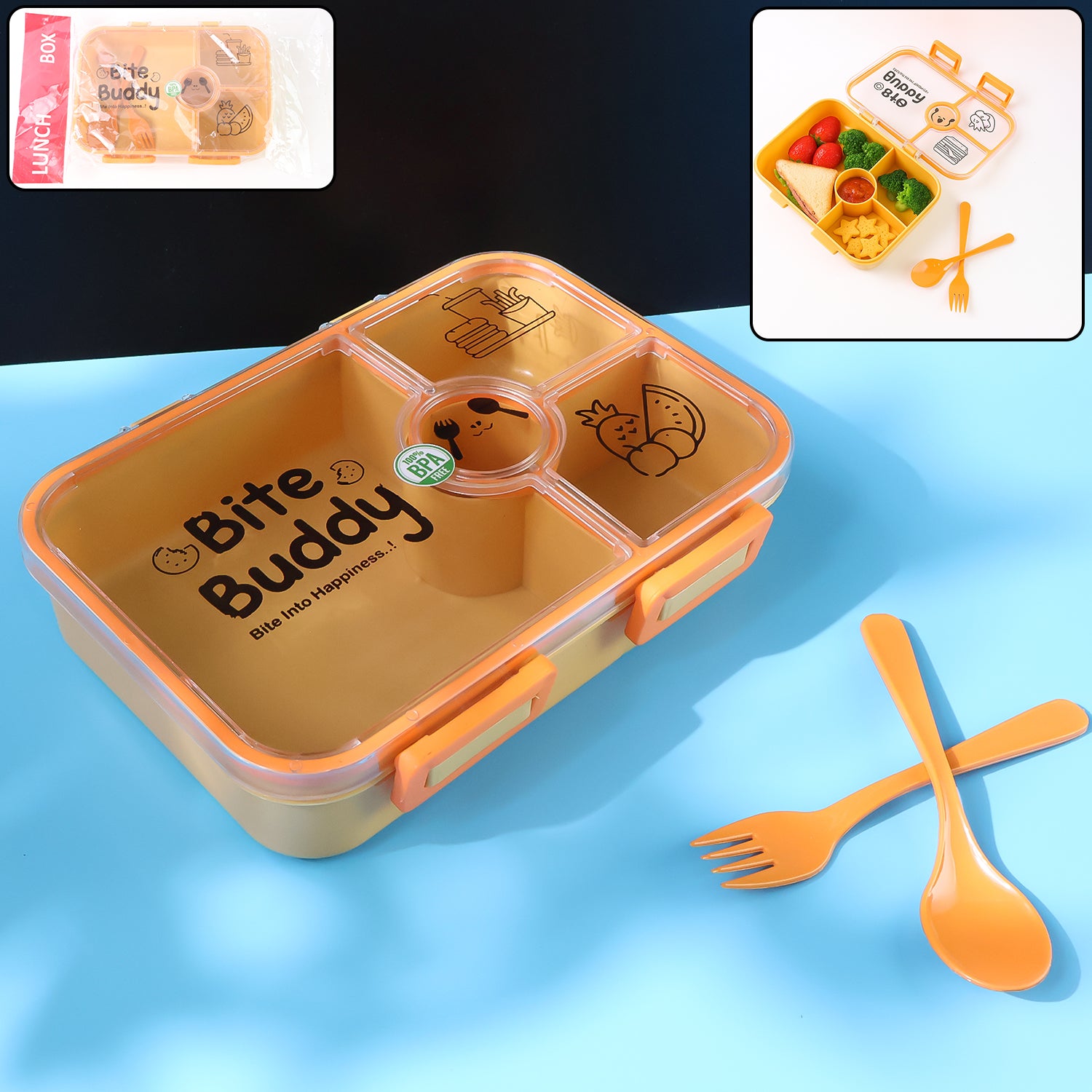 Bite Buddy 4-compartment Leak-resistant Plastic Lunch Box With Spoon Fork Kitchen and Dining