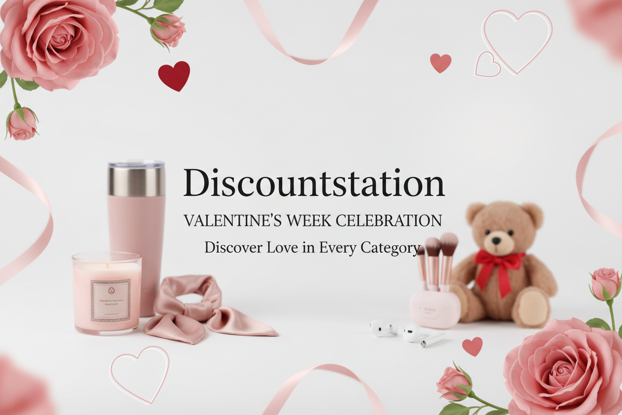 Valentine's Day-themed promotional image with a teddy bear, candles, and flowers on a light background.